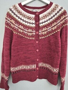 Heirloom Collectibles Red Fair Isle Button Down Cardigan Nordic Yoke Pattern M